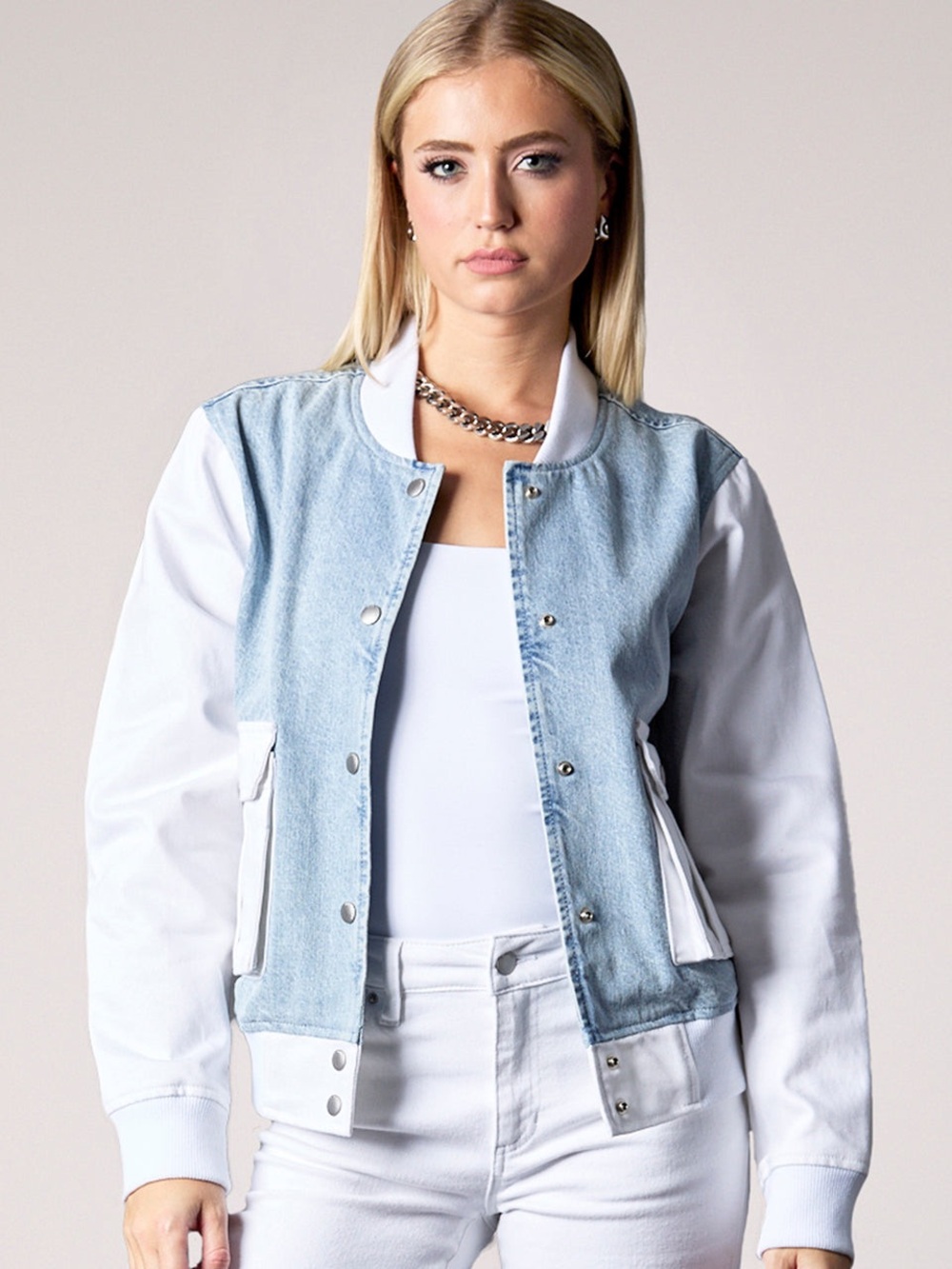 Blue Revival Denim Admiral Bomber Jacket Women’s M Varsity Snap front